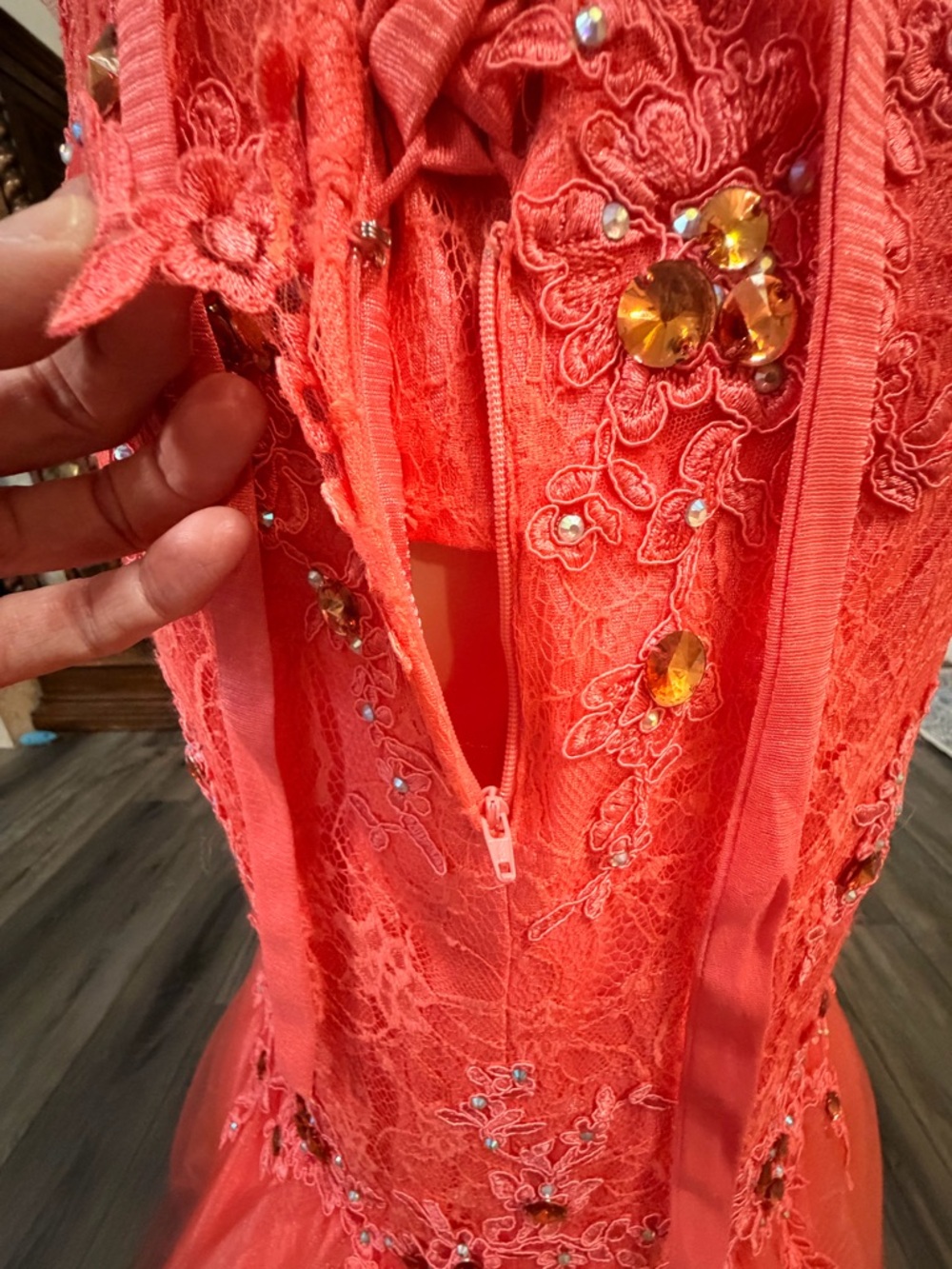 Anny Lee Coral Lace Mermaid Prom Dress Beaded Formal Gown Small Pageant Event - Picture 5 of 16